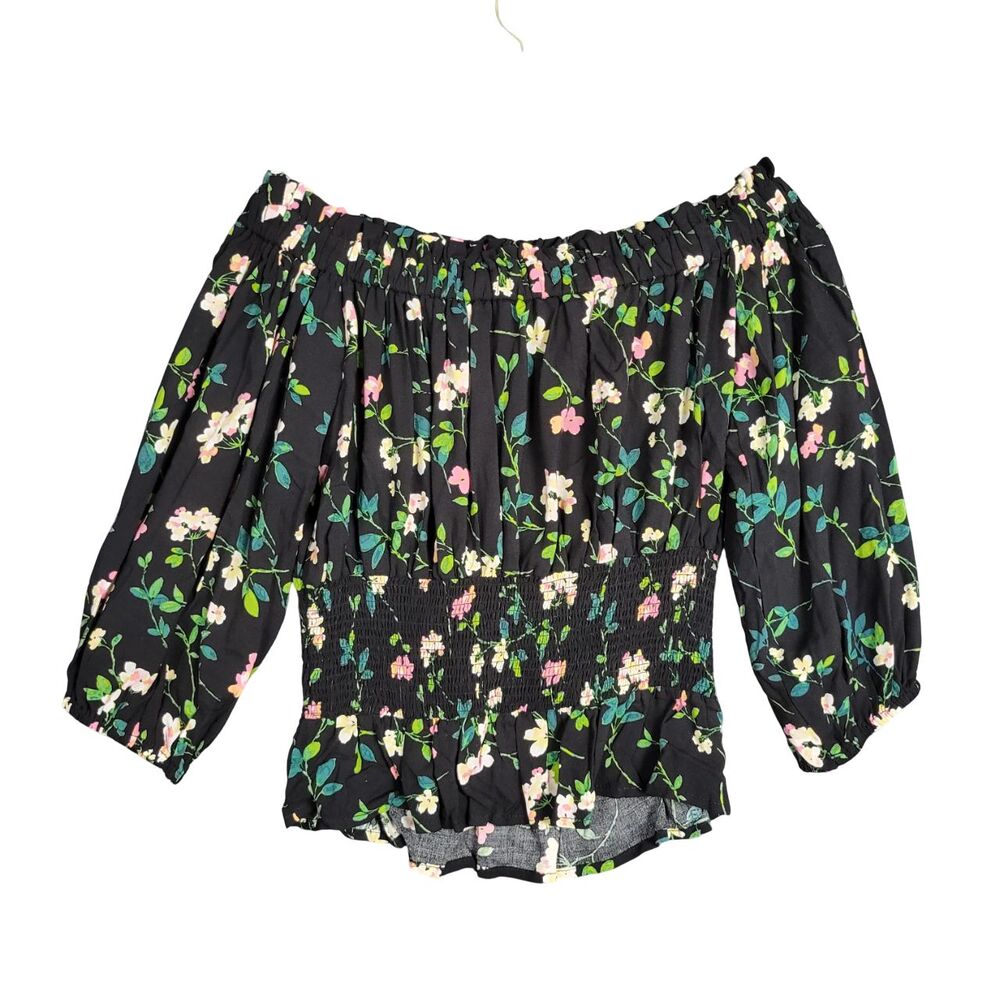SAVANNA JANE Black Floral Off Shoulder Cottagecore Whimsigoth Top SIZE SMALL - Picture 2 of 8
